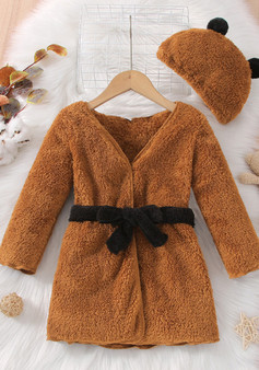 Brown Long Sleeve Belted Fleece Dress