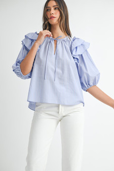 MABLE Stripe Ruffle Shoulder Puff Sleeve Blouse
