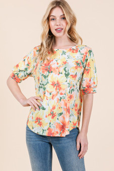 BOMBOM Floral Round Neck Puff Sleeve Top