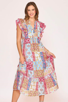 Umgee Full Size Tie Neck Double Layered Ruffle Sleeve Midi Dress Plus Size