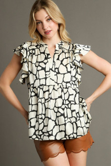 Umgee Full Size Two Tone Animal Print Notched Ruffle Cap Sleeve Blouse Plus Size