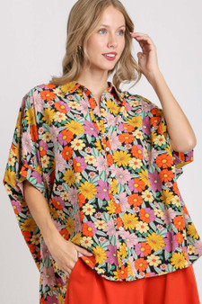 Umgee Full Size Flower Print Boxy Cut Button Down Shirt Plus Size