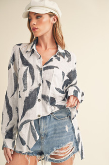Aemi + Co High-Low Printed Button Up Long Sleeve Shirt
