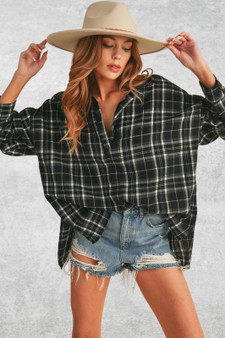 Aemi + Co Side Slit High-Low Plaid Long Sleeve Polo Shirt