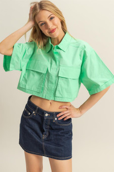 HYFVE Front Pockets Poplin Collared Neck Crop Shirt