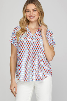 She + Sky Full Size Printed Johnny Collar Short Sleeve Blouse Plus Size