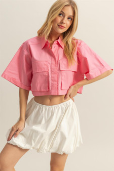 HYFVE Front Pockets Poplin Collared Neck Crop Shirt