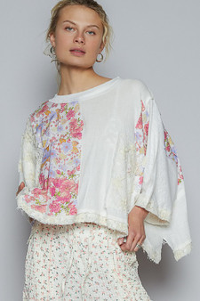 POL Floral Lace Patch Round Neck Double Gauze Top