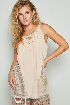 POL Lace Up Crochet Lace Tank