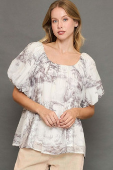 Umgee Full Size Two Tone Toile Print Top Plus Size