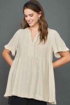 Umgee Full Size Raw Hem Notched Babydoll Linen Blouse Plus Size