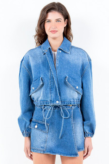 American Bazi Full Size Drop Shoulder Cropped Denim Jacket with Waist Strap Plus Size