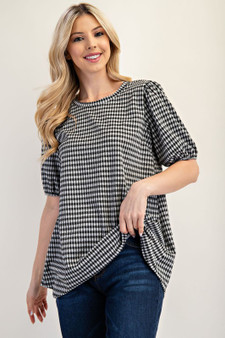 Celeste Full Size Gingham Print Top With Puff Sleeves Plus Size