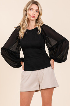 Mittoshop Mixed Media Textured Knit Chiffon Long Sleeve Top
