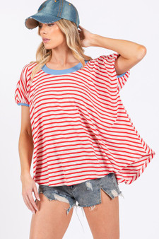 Ces Femme Striped Round Neck Short Sleeve T-Shirt