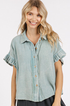 Mittoshop Mineral Washed Button Down Flounce Sleeve Shirt