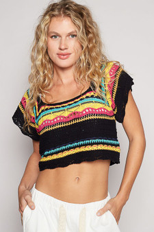 POL Openwork Ethnic Pattern Square Neck Cropped Knit Top