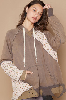 POL Floral Patchwork Distressed Drawstring Hoodie