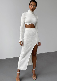 Women Autumn/Winter Ribbed High Neck Long Sleeve Top And Irregular Slit Skirt Two Piece Set