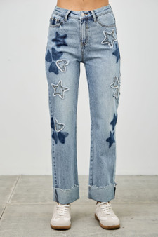 High Rise Star & Heart Patched Dad Jean W/Stretch