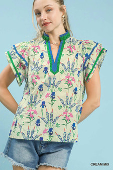 Umgee Mix Floral Print Blouse with Contrast Trim