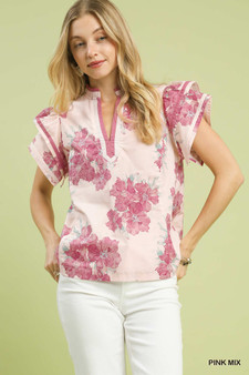 Umgee Mix Floral Ruffle Sleeve Blouse