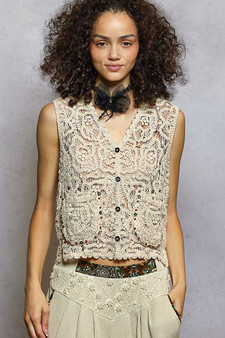 POL Button Down Cropped Crochet Vest with Scalloped Edge