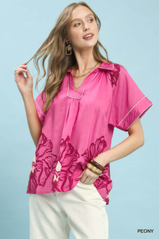 Umgee Floral Split-Neck Short Sleeve Top