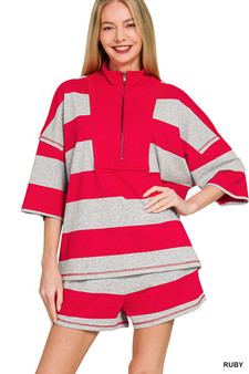 Zenana Frenchterry Striped Half Zip Top & Shorts Set