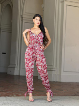 V Neck Sleeveless Paisley Jumpsuit With Tie Waist​