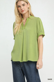 Umgee Embroidery Linen Puff Sleeve Blouse