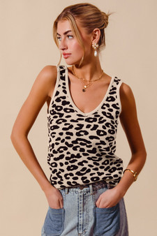 SO ME Leopard Knitted Lightweight V Neck Tank Top