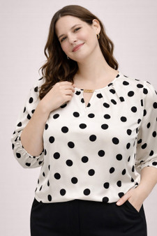 Polka Dot Split-Neck Blouse With Puff Sleeves​
