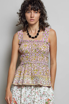 POL Smocked Printed Square Neck Peplum Tank with Ruffle Trim