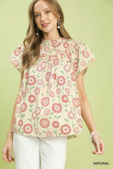Umgee Retro Floral Smocked Babydoll Blouse