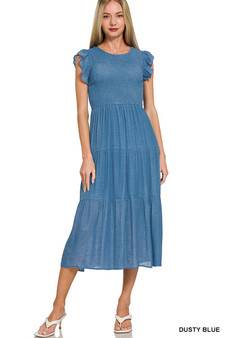 Zenana Woven Smocked Ruffle Sleeve Midi Dress