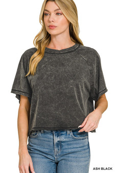 Zenana Acid Washed Round Neck Crop Tee