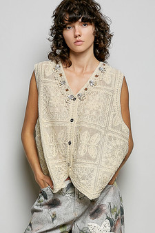 POL Lace Trim Embroidered Floral V-Neck Crochet Vest