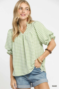 Umgee Gingham Puff Sleeve Babydoll Blouse
