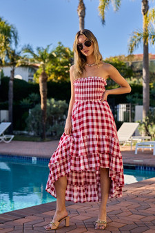 BiBi Smocked Body Off Shoulder Check Dress