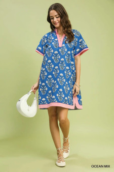 Umgee Printed Split Neck Short Sleeve Shift Dress