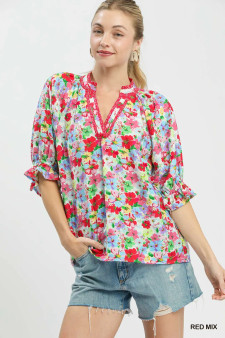 Umgee Mix Floral Print Ruffle Top