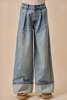SO ME Mid Rise Plated Wid Leg Denim Jean