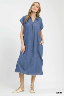 Umgee Stone Washed Collared Denim Midi Dress