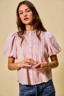 SO ME Gingham Lace Trim Button Bubble Sleeves Blouse