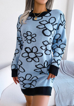 Wind Autumn and Winter Contrast Color Flower Long Sleeve Basic Knitting Sweater Dress