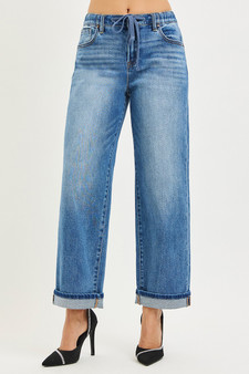 RISEN Elastic Band Slouch Ankle Boyfriend Cuffed Hem Jeans