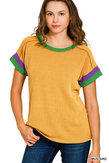 Zenana Mardi Gras Raised Rib Contrast Trim Top
