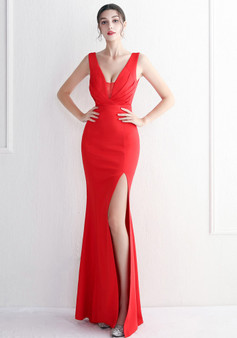 Toast dress bride long long sleeve red slim fishtail wedding dress