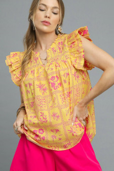 Umgee Printed Ruffle Cap Sleeve Blouse